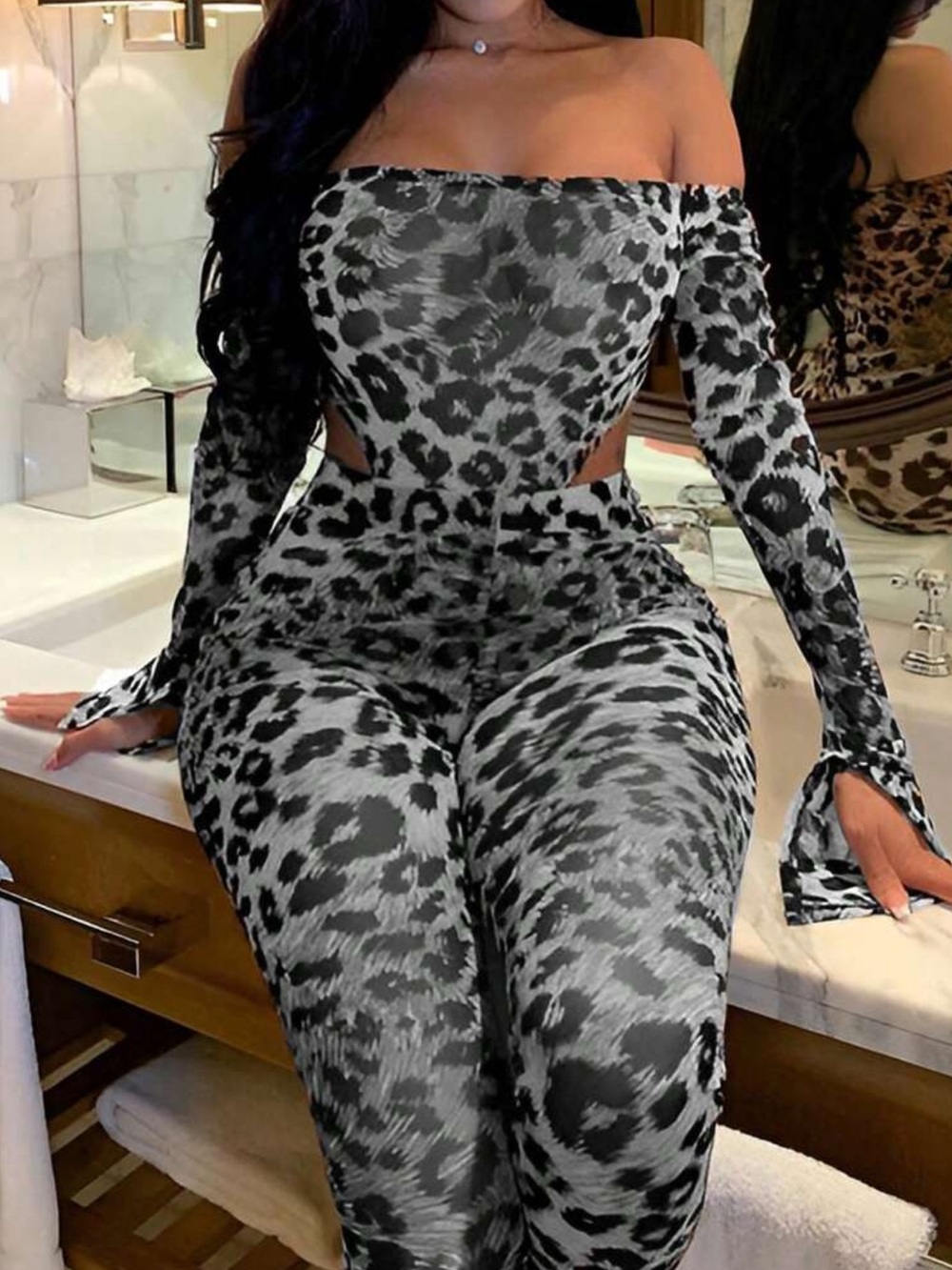 Off-Shoulder Leopard Print Jumpsuit in Gray